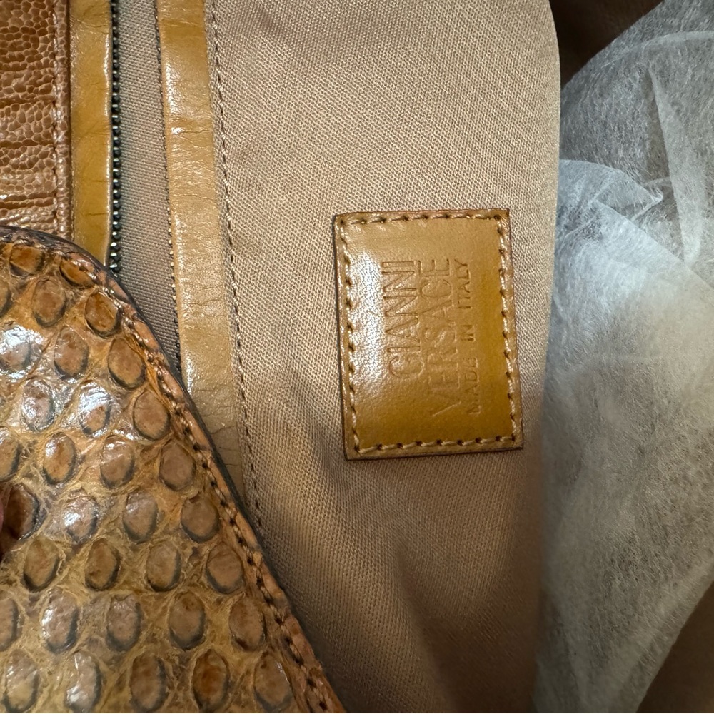 Versace Pin / Logo Elegant Brown Leather Shoulder Bag